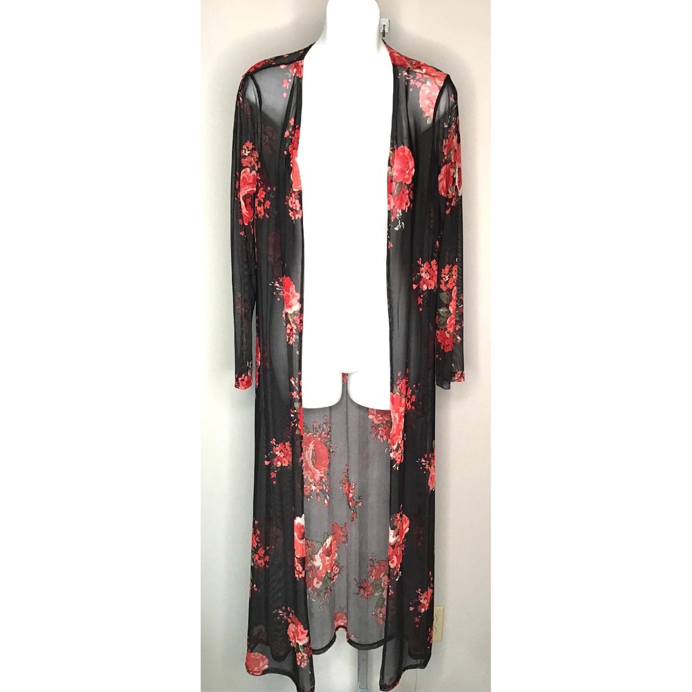 Discreet Womens‎ Sz M Floral Mesh Duster Cardigan Open Front Romantic Sheer NWT